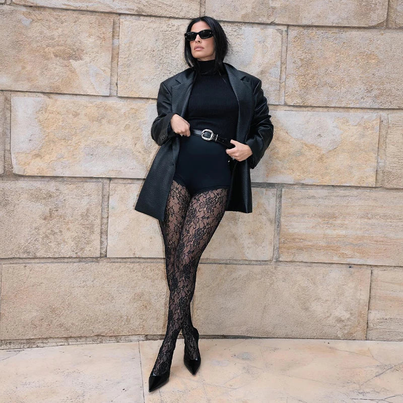Sexy See Through Floral Lace Stockings Women Black Flower Mesh Pantyhose Female 2026 Spring Lady Chic Street Party Stocking New