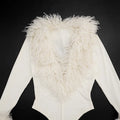 Women 2026 Fall Deep V Neck Furry Cuff Long Sleeve Short Jumpsuit Slim Fit Romper Shorts For Nightclub Date Evening Party Wear
