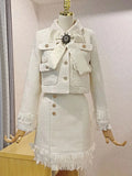 2026 Winter New Women Tweed Fringed 2 Two-Piece Set Sexy Long Sleeve Button Jacket + Short Skirt Set Vestidos Party Suit