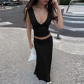 Chic Light Blue 2 Piece Outfit Women Deep V Neck Sleeveless Ruched Crop Top Low Waist Flowy Maxi Skirt Suit Party Matching Sets