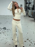 White Ribbed Knit Two Piece Set for Women Slim Button Accent Cardiagns Low Waist Loose Pant Suit for Casual Outings
