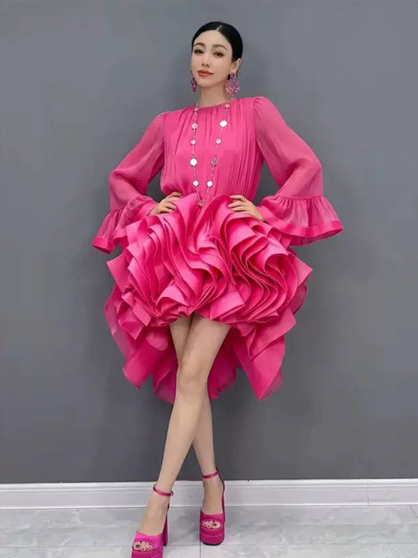 Women Long Sleeve Ruffled High Low Dress Elegant Luxury Party Evening Gown Pleated Formal Outfit Autumn 2026 New