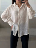 Casual Folds Women Shirts Lapel Collar Long Sleeve Sheer Loose Shirt for Office Commute Casual Day Wear Fashion New