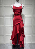 Sexy Satin Long Dress Luxury Ruffles Backless Bandage Evening Dresses Red Burgundy Blue Wedding Guest Cocktail Party Summer New