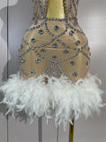 Luxury Nightclub Performance Dance Costume Nightclub Singer Stage Wear Women Sexy Shiny Crystal Feathers Hollow Out Mini Dress