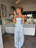 White Floral Print Two Piece Set Spaghetti Strap Ruffle Corset Top Strap Wide Leg Pants 2026 Summer Street Casual Women Outfit