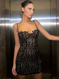 Jacquard Double Deck Dress Party Women Y2K Sexy Lace Spaghetti Strap Body-Shaping Nighclub Summer Trend Mini Bodycon
