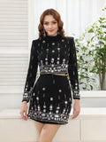 Two Piece Sets for Women Stand Collar Long Sleeve Spliced Diamonds Top High Wiast Mini Skirt Elegant Outfit Female