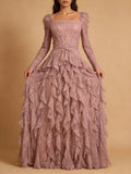 Wedding Guest Pink Square Collar Lace Maxi Dress for Women Corset Bodice Long Sleeve Tiered Ruffle Skirt for Luxury Dinner