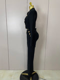 Golden Buttons Short Coat Top And Flare Pants  Bandage 2 Pieces Set Woman Celebrity Evening Party Vestidos