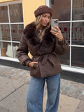 Women Short Belted Puffer Jacket Large Faux Fox Fur Collar Waist Tie Puff Sleeve Thick Warm Coat Winter Elegant 2026 Streetwear