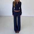 White Ribbed Knit Two Piece Set for Women Slim Button Accent Cardiagns Low Waist Loose Pant Suit for Casual Outings