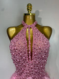 Luxury Rhinestones Pearls Halter Backless Short Feathers Dress Women Sexy Celebrate Birthday Dress Performance Dance Costume