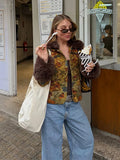Women Retro Floral Print Tweed Jacket Fur Collar Cuff Patchwork Single Breasted Short Coat 2026 Fashion Autumn Casaul Outerwear