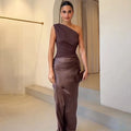 Solid Slimming Dresses for Women Slanted Collar Sleeveless High Waist Temperament Dress Female Fashion