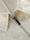 Apricot Jacquard Drawstring for Women Jackets Lapel Bubble Long Sleeve Peplum Hem Zip Up Jacket for Summer Casual