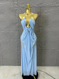 Sexy Halter Neck Maxi Dress Crystal Chain Cutout Ruched Women Sheer Mesh Form Outfit Glamorous Evening Gala Party Costume