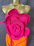 Luxury Elegant Orange Pink Strapless Bodycon Midi Dress Women Sexy 3D Floral Applique Outfit Date Night Party Costum