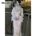 Autumn and Winter Thick Style Gentle Wool Cheongsam Dress Qipao Dress Pink Flower High-end Women'sTraditional Chinese Clothing