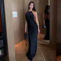Thin Strap Diamond Back Women Maxi Dress Round Neck Cut Out Irregular Back Buckle Detail Fitted Waist Floor Length Long Dress