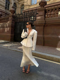 Women 2026 Spring Summer Blazer Two Piece Deep V Neck Peplum Waist Button Top Mermaid Long Skirt Commute Matching Set