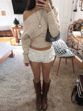 Elegant One Shoulder Beige Knitted Sweater Women's Pull Waist Off-Shoulder Sweatshirt Jumper Pullovers Clothes Autumn Winter New