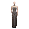 Sexy Rhinestone Patchwork Bodycon Dresses for Women Mesh See Through Sleeveless Birthday Party Evening Prom Maxi Dresses
