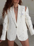 Ink Splashing Print Fashion Blazer for Women Notched Collar Long Sleeve Hollow Out Design Loose Coat Female Autumn