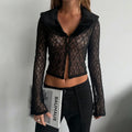 Patchwork Fur Collar Lace t-Shirt Women See Through Single-Breasted Full Sleeve v-Neck Skinny Sexy Midnight Crop Tops