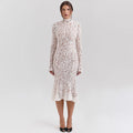 Elegant White Lace Midi Dress Women's Turtleneck Long Sleeve Ruched Bodycon Dresses Evening Party Cocktail Female Winter Autumn