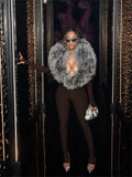 Furry Deep V-Neck Jumpsuits Woman Hipster Patchwork Trend Sexy Stretch Fitness Club Activity Luxury Midnight Overalls