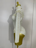 Luxury White Full Pearl Long Sleeved Stretch Bodysuit Women Birthday Evening Party Celebrate DJ Performance Nightclub Stage Wear