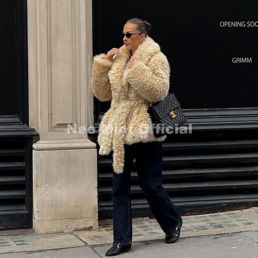 Winter 2026 Long Belted Wrap Fur Jacket Women Street Fashion Girls Shawl Collar Faux Lamb Fur Robe Coat Fuzzy Outerwear