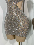 Sparkly Silver Rhinestones Mini Dress Luxury Women Sexy Mesh Hollow Out Celebrity Birthday Cocktail Dresses Performance Wear