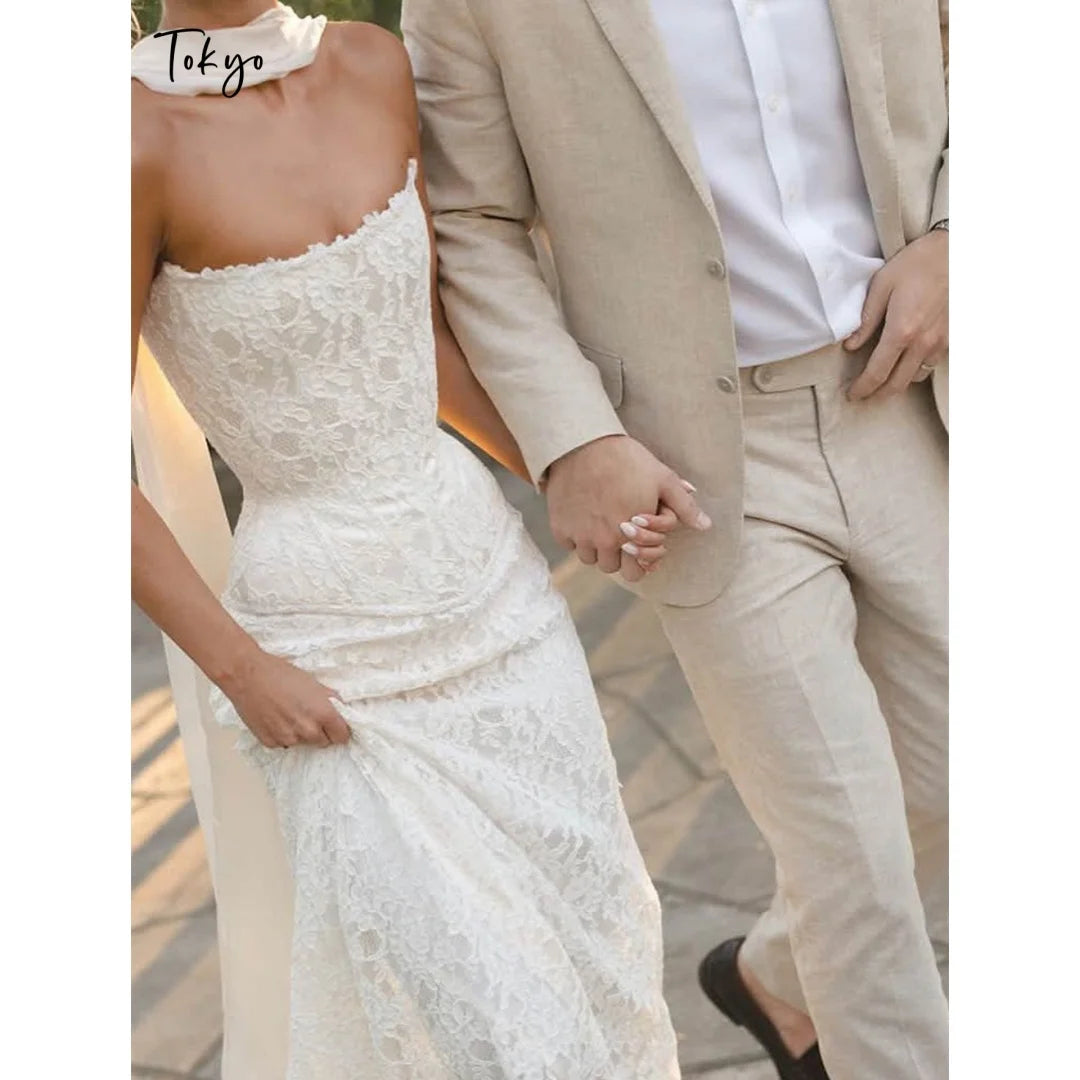 Strapless Lace White Wedding Dress Sleeveless Fitted Mermaid Wedding Gown Elegant Formal Bridal Evening Party Dress