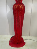 Sexy Red Strapless Mesh See Through Long Dress Evening Party Luxury Sparkly Diamond Birthday Nightclub PhotoShoot Stage Costumes