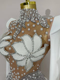 Luxury Sparkly Diamonds Pearl White See Through Mesh Long Dress Women Wedding Evening Party Stage Performance Photoshoot Dress