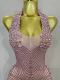 Sexy Sparkly Rhinestones Halter Backless Mesh Velour Short Dress Women Evening Prom Celebrate Birthday Party Stage Wear
