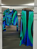 Printing Two Piece Set for Women Lapel Long Sleeve Short Shirt Mid Waist Satin Wide Leg Pant Fashion Suit Female