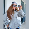 Grey Long Sleeve 2 Piece Outfit Chic Lapel Zip Slim Top Long Fringe Wide Leg Pants 2026 Autumn Women Casual Lady Matching Set