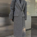 Grey Double-Breasted Long Coat with Notched Lapels