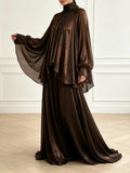 Modest Two Piece Set for Women Turtleneck Raglan Balloon Sleeve Irregular Top Maxi Flowy Long Skirt for Evening Occasions