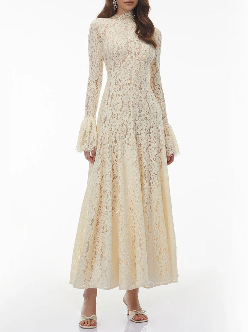 White Loose Spliced Lace Chic Dresses for Women O Neck Long Sleeve French Elegant Dress Female Summer Fashion Style Clothing