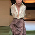 Fashion Women's See Through Blouse Long Skirt Set Lapel Deep V-neck Full Sleeve Lace Up Shirt Stripe Irregular Skirts 2026 Suit