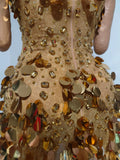 Sparkly Gold Rhinestone Sequins Sexy Strapless Mesh See Through Mini Dress Women Eveing Birthday Party Nightclub Stage Costume