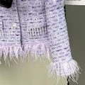 High Quality Elegant Violets Tweed Women Set Single-breasted Feather Beaded Tassel Jacket & High Waist Shorts Suit Fashion Party