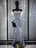 Women Sexy Strapless Sparkly Diamonds Mesh See Through Maxi Long Dress Luxury Birthday Evening Party Nightclub Bar Stage Costume
