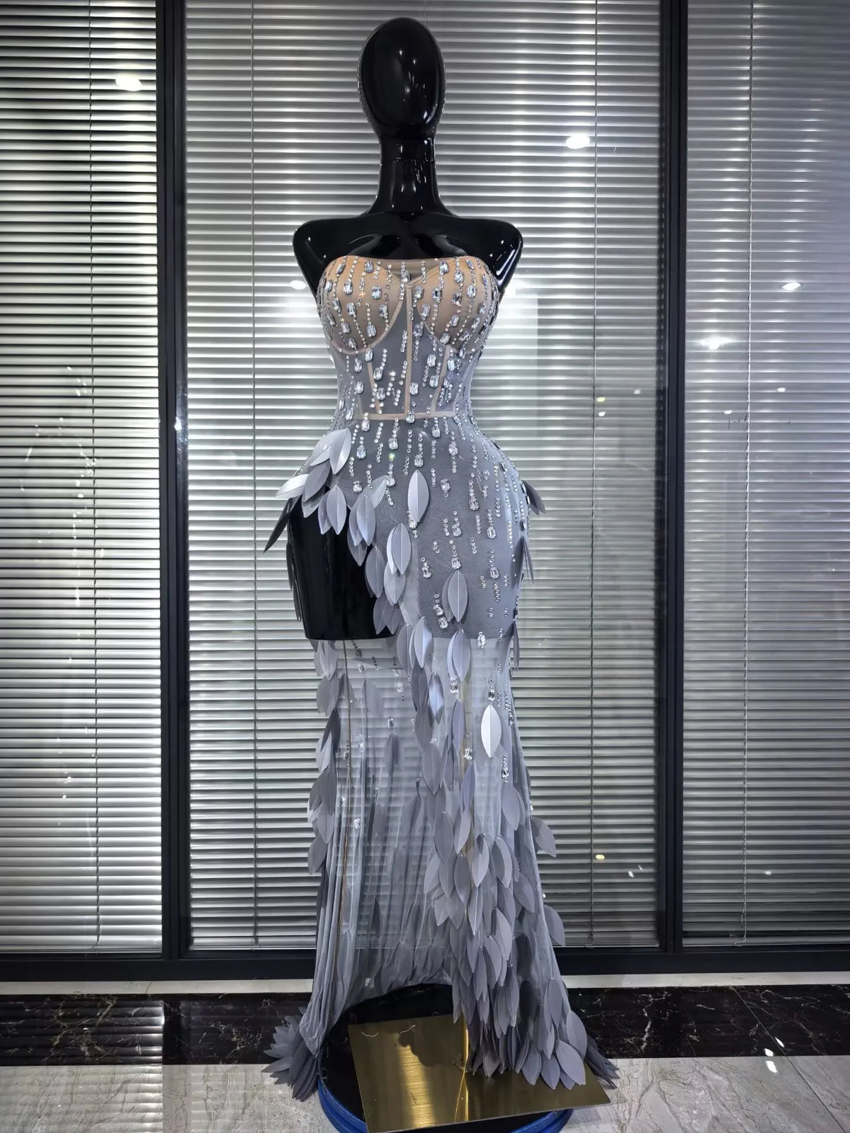 Women Sexy Strapless Sparkly Diamonds Mesh See Through Maxi Long Dress Luxury Birthday Evening Party Nightclub Bar Stage Costume