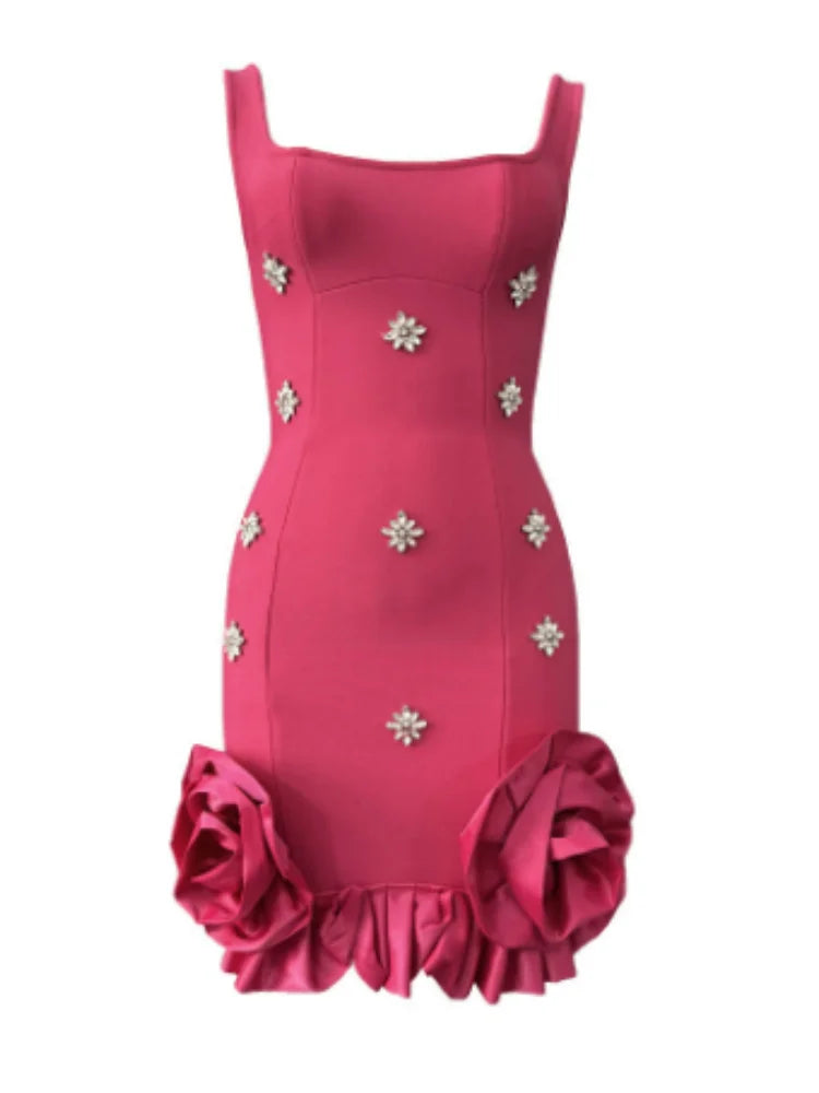 Available In Multiple Colors With Halter Straps, Rhinestones, Floral Trims, Tight Waist-Cinching Mini Skirt, And a Figure-Hug