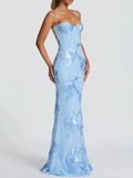 Hot Girl Blue Maxi Dresses for Women Square Collar Sleeveless Patchwork Embroidery Party Fishtail Dress Female New